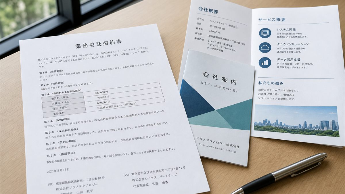 契約書と会社案内を置いた机