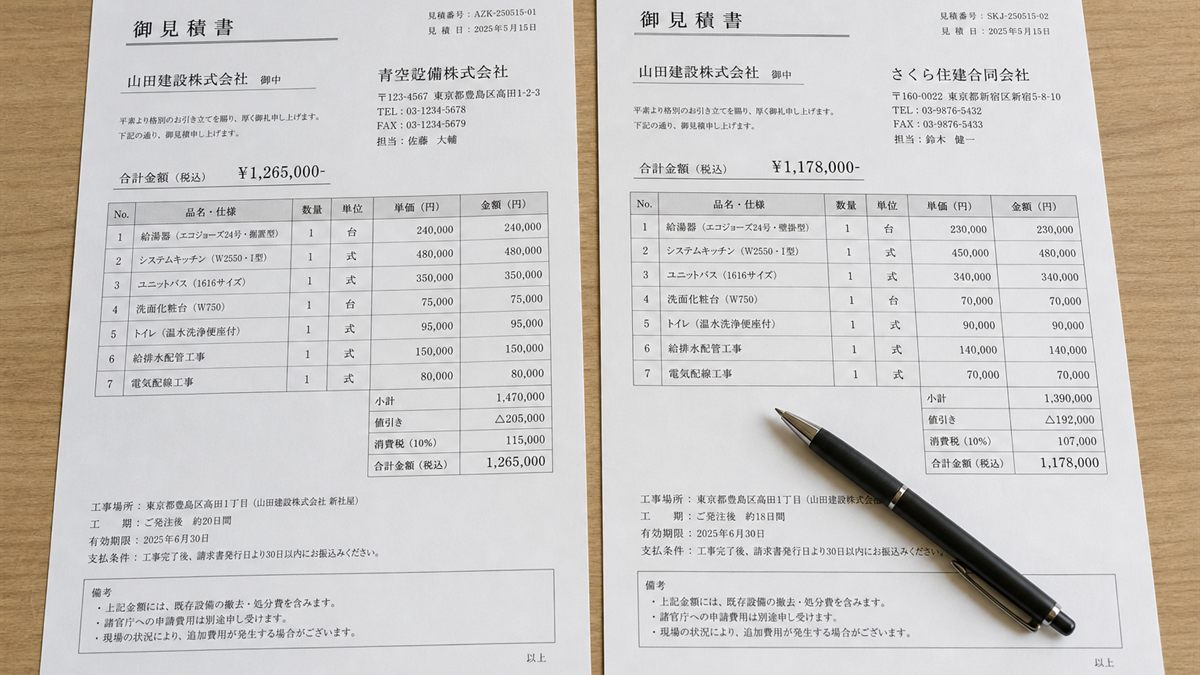 2社の見積書を並べて比べる机