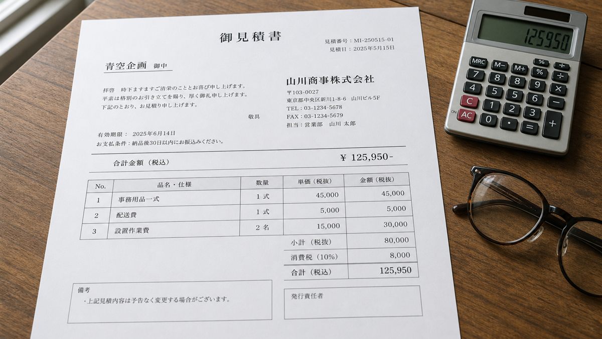 見積書と電卓を置いた机