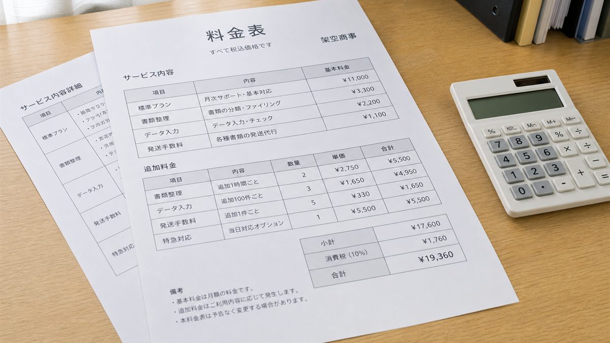 料金表と電卓を置いた机