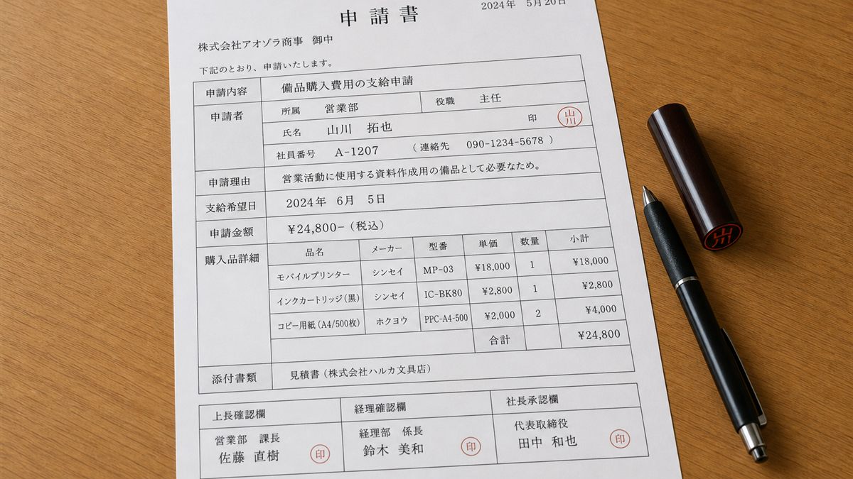 申込書とペン、印鑑を置いた机