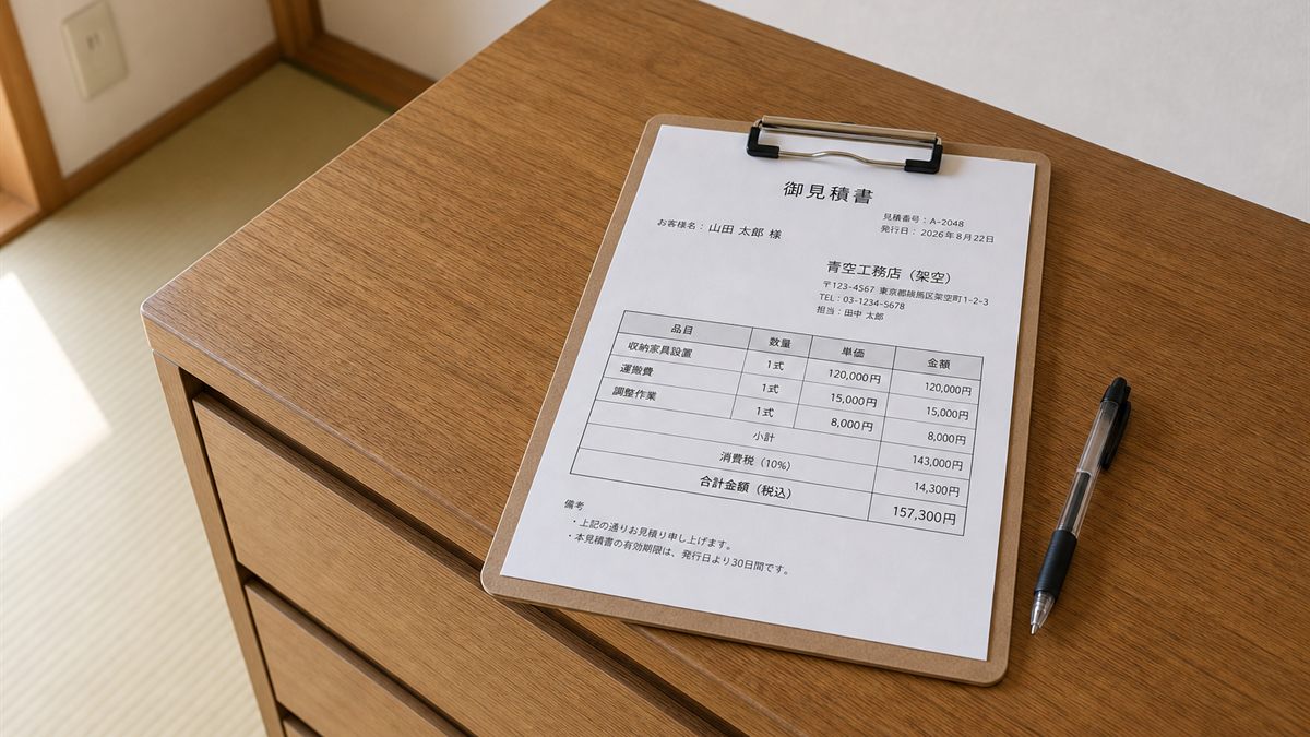 タンスの上に置かれた見積書とボールペン