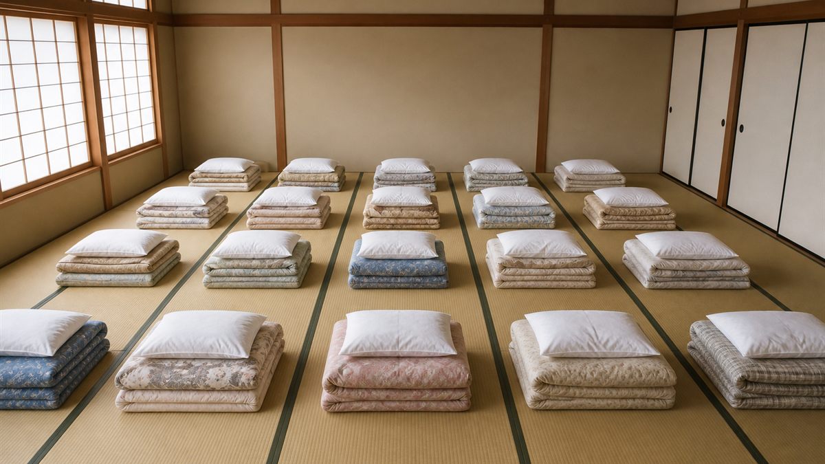 畳の上に並べて数えている布団