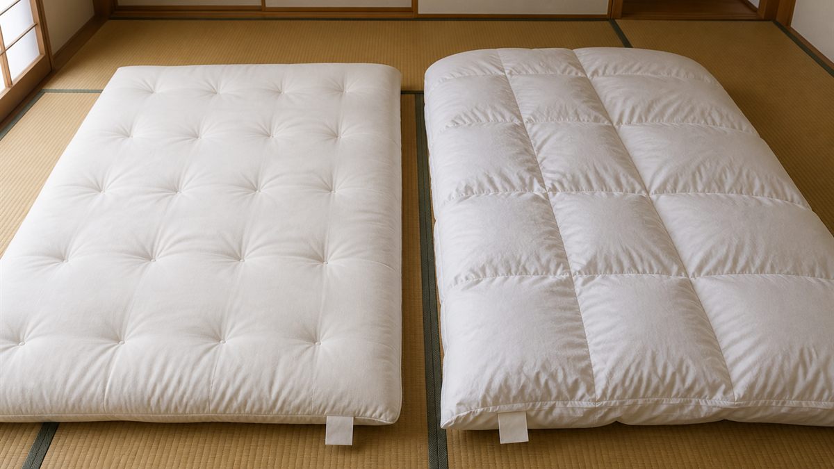 綿の布団と羽毛布団を並べたところ
