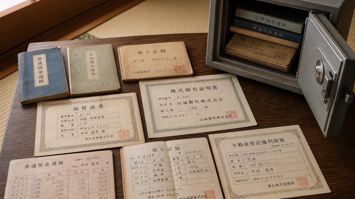金庫から出てきた通帳や証書を並べたところ