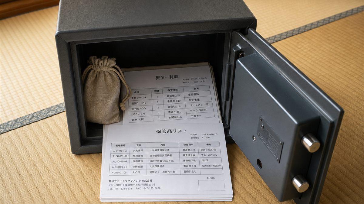 開いた金庫の中の書類と小さな袋