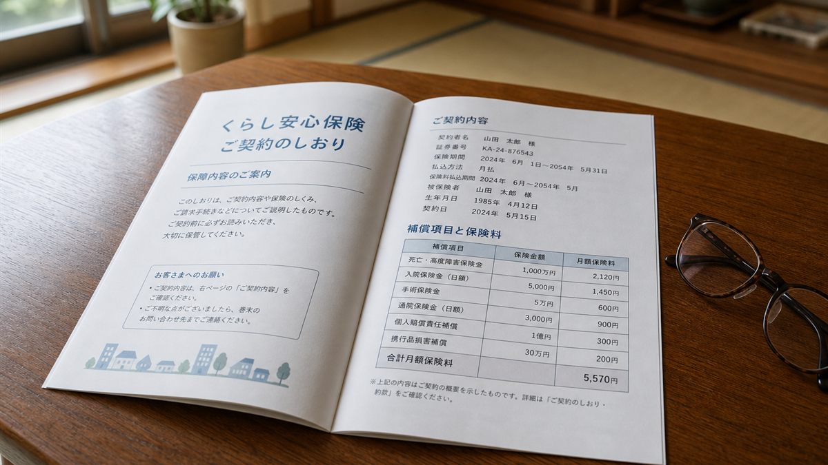低いテーブルに広げた保険証券と老眼鏡