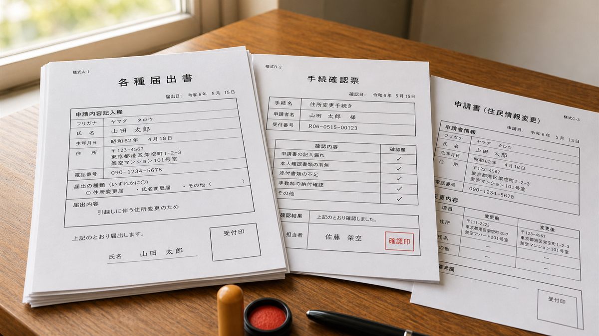 窓辺の机に置かれた届出書類と印鑑