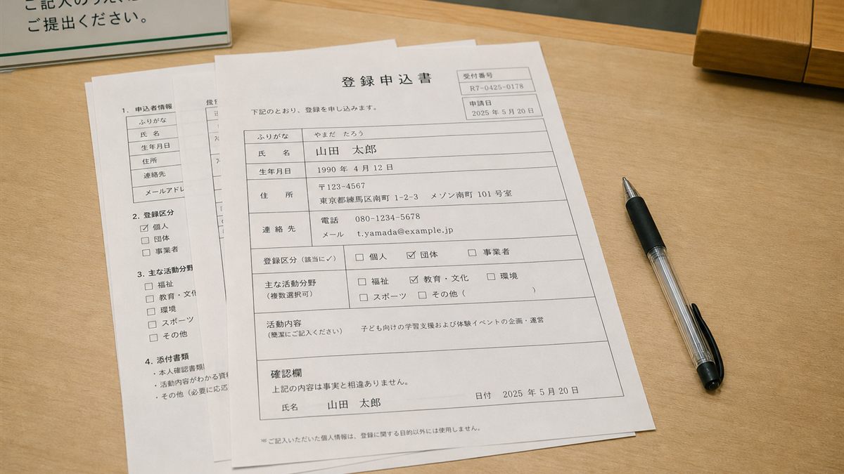 窓口カウンターに置かれた登録申込書