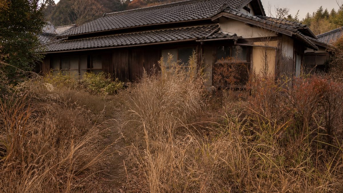 秋に草の伸びた空き家の前庭