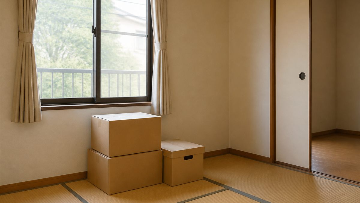 片付け途中の実家の部屋と書類の入った箱
