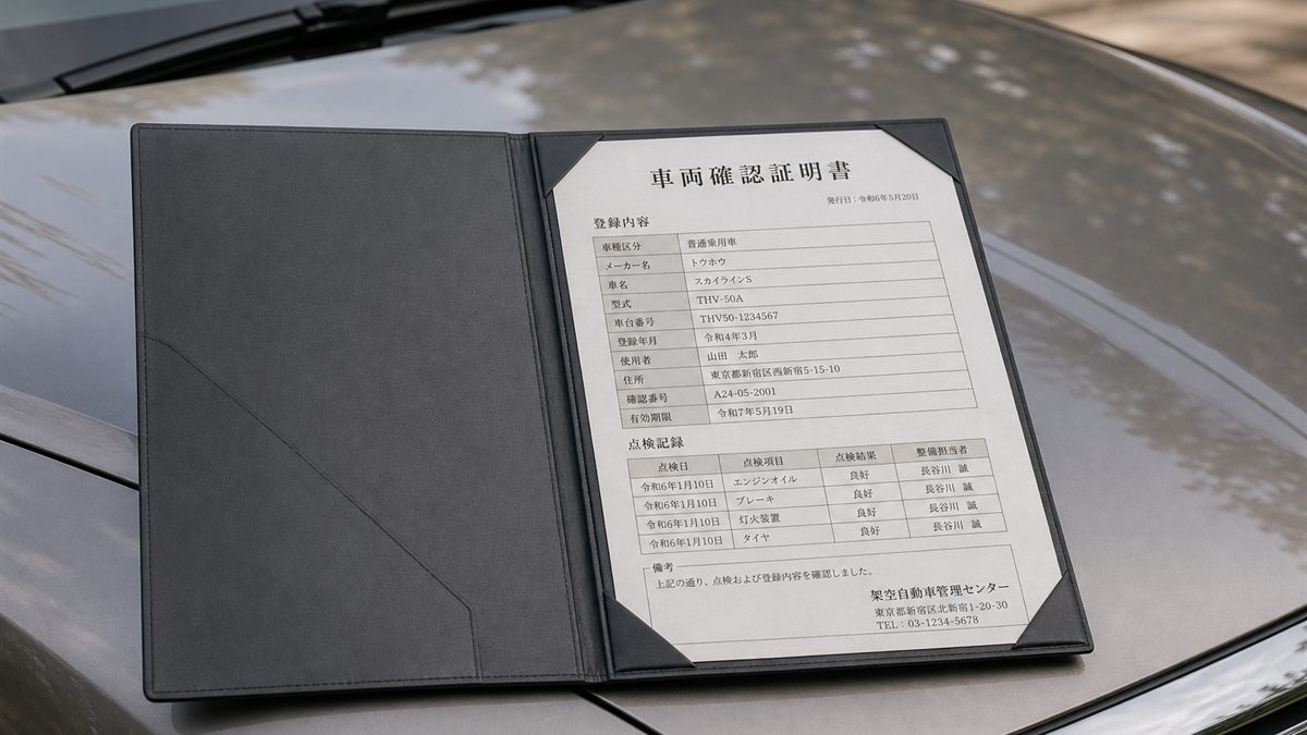 車検証を広げて名義を確かめているところ