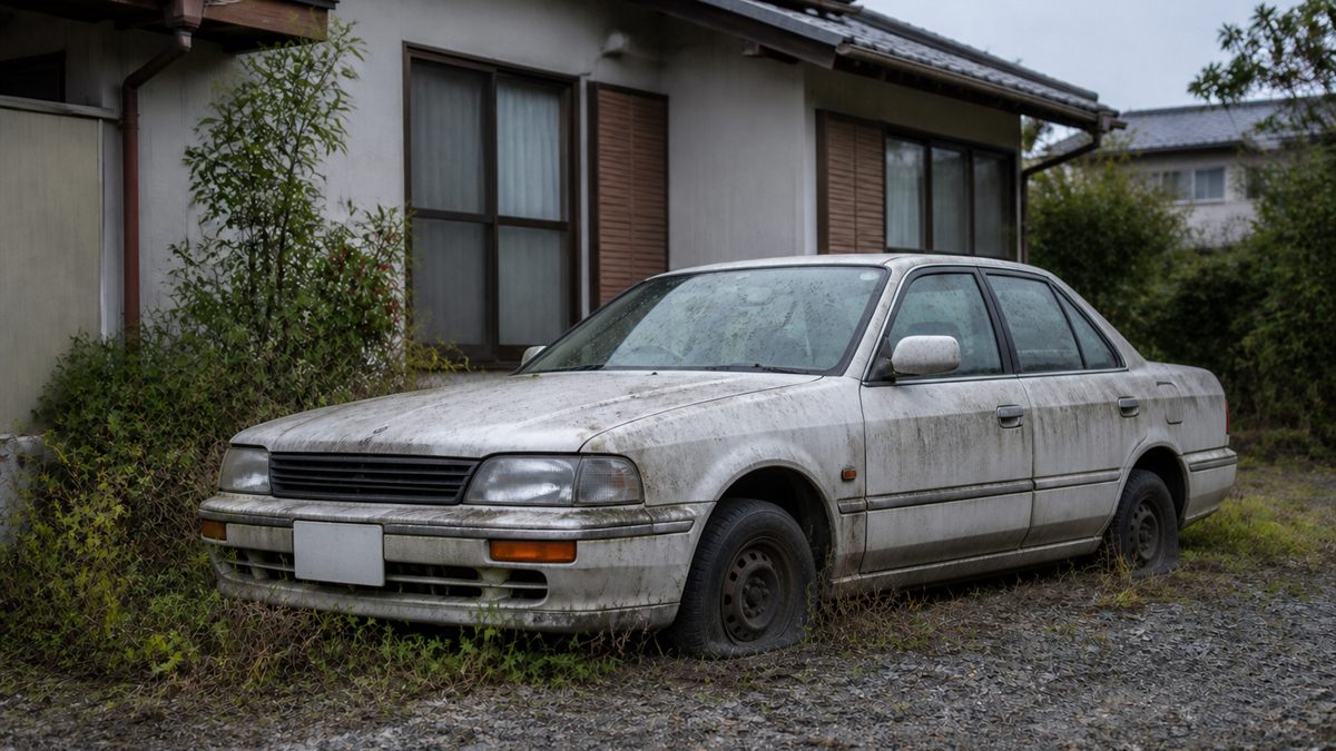 草に埋もれかけた動かない車