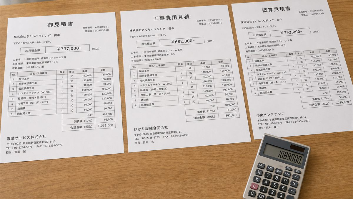 複数社の見積書を並べて比べているところ