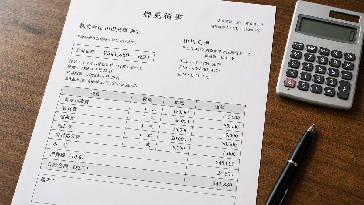 測量費用の見積書と電卓