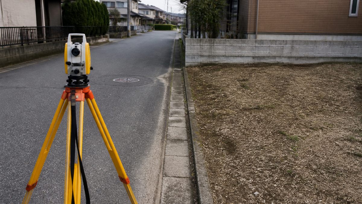 測量機器を据えた住宅地