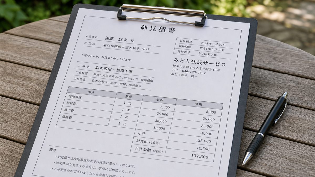 庭で書き込む伐採の見積書