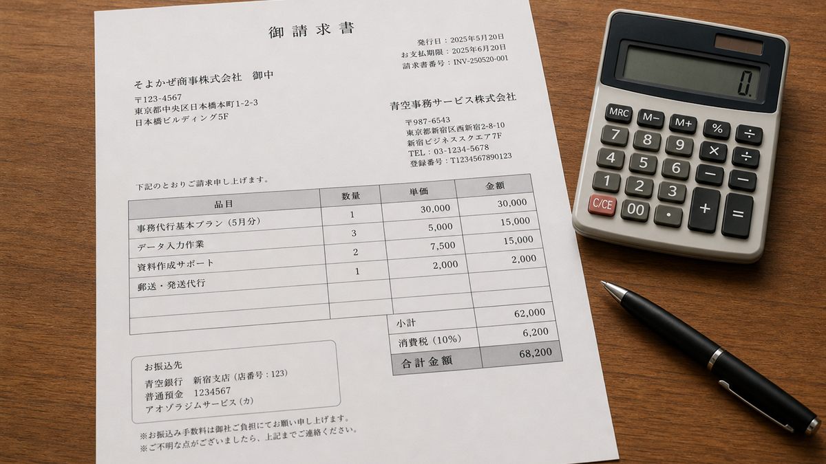 請求書と電卓を前に考えるところ