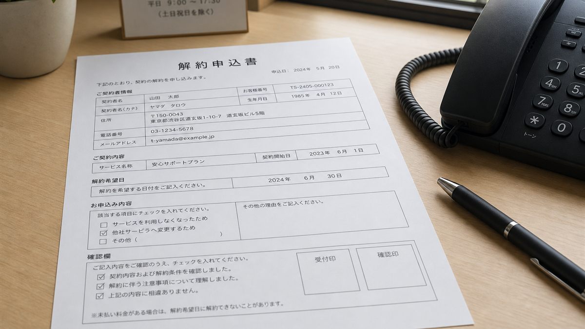 解約手続きの書類と受話器