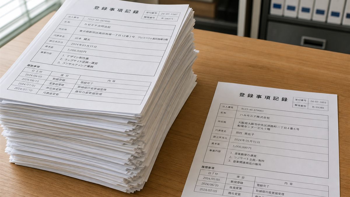 厚い戸籍の束と一覧図1枚の対比