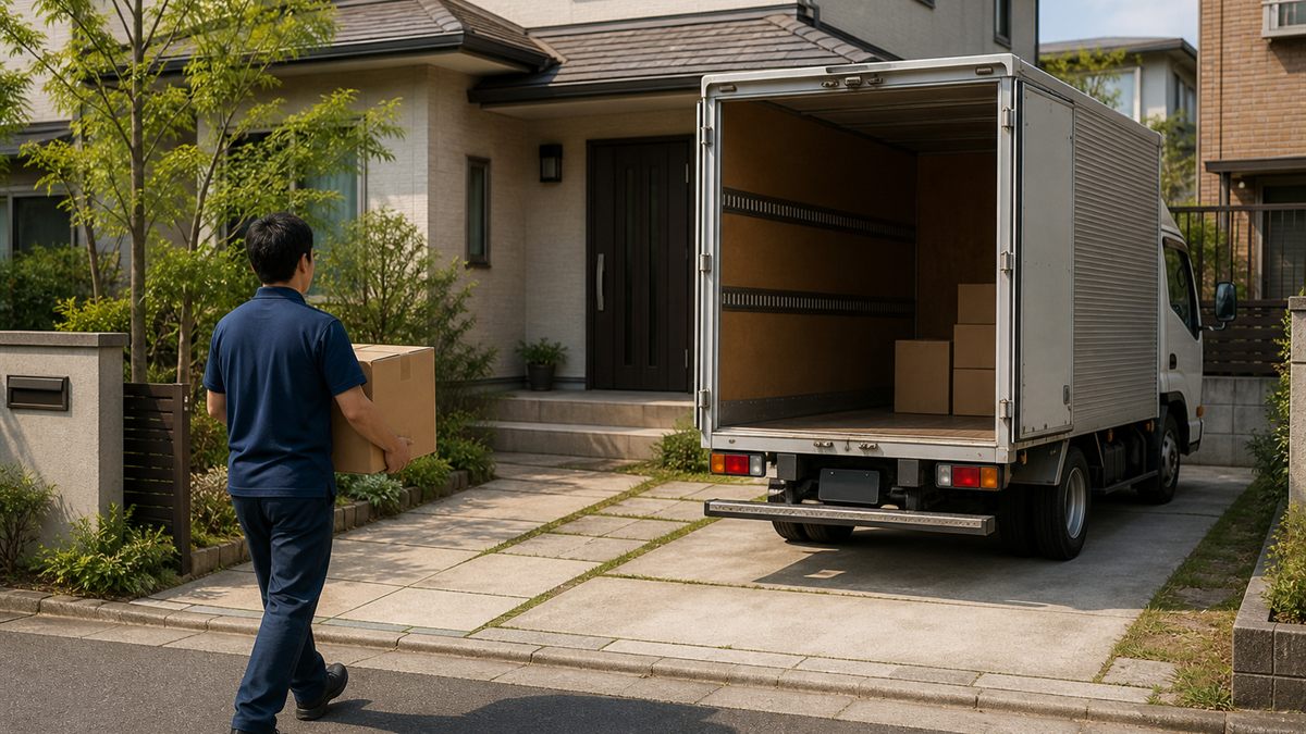 実家の前でトラックへ荷物を運ぶ作業スタッフ