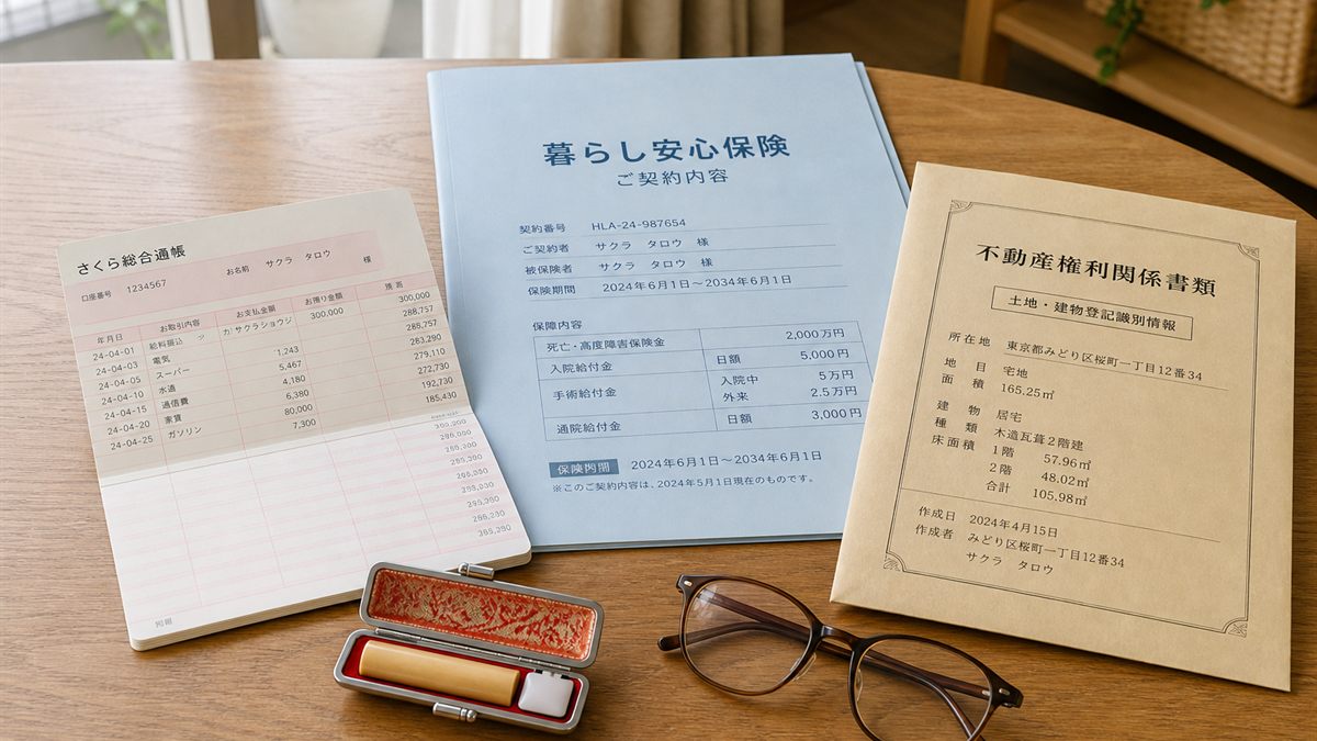 通帳・印鑑・保険や登記の書類をまとめた机