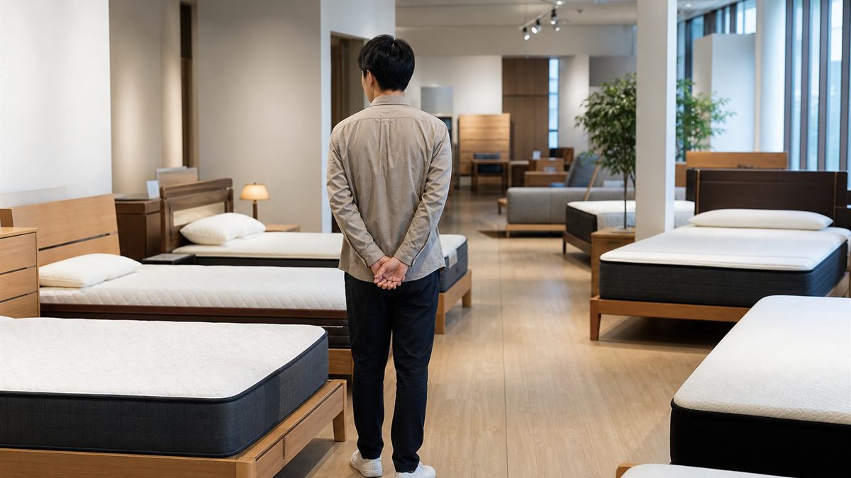 寝具売り場でマットレスを見比べる