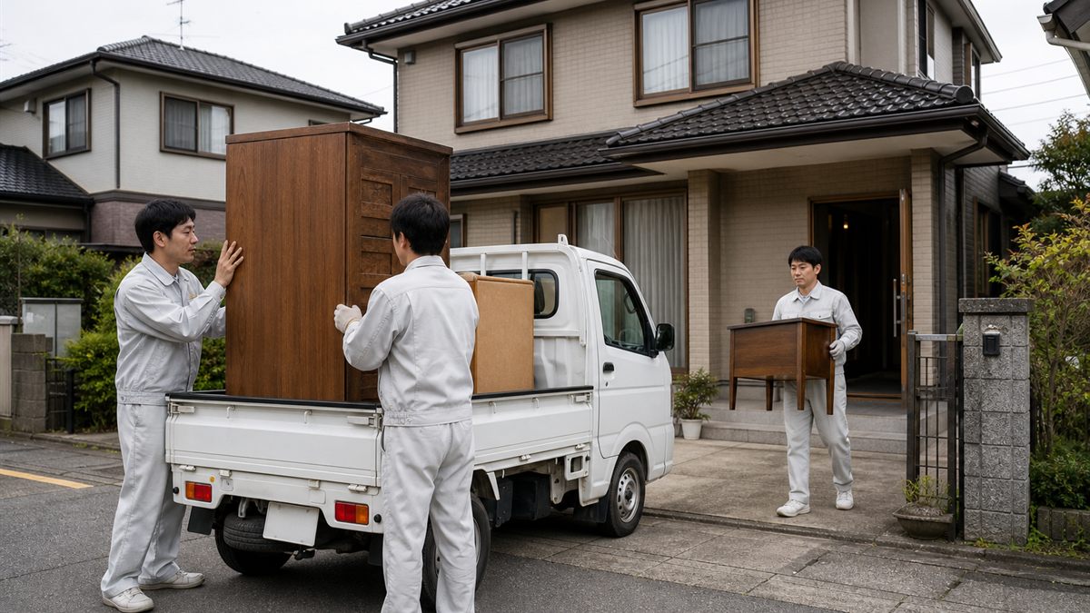 軽トラックに家財を積み込む作業員
