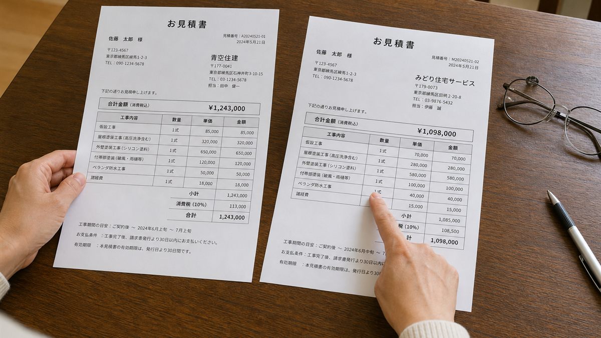 見積書を並べて比べる手元