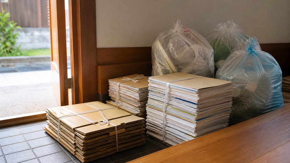 玄関にまとめた紙類と処分品の束