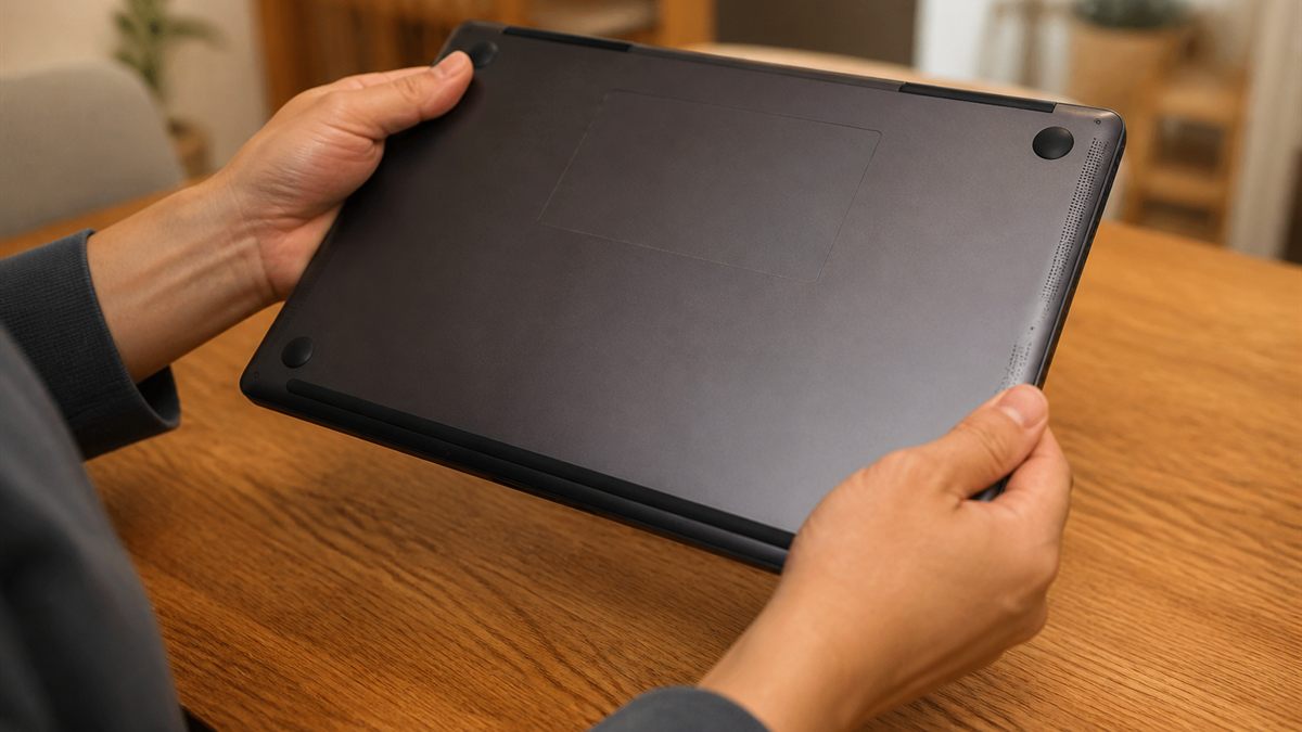 ノートパソコンの底面のラベルを確かめる手元