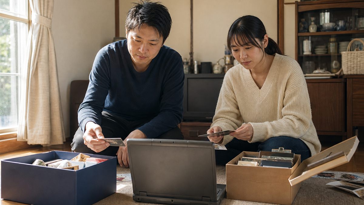 家族で実家の荷物を確かめる様子