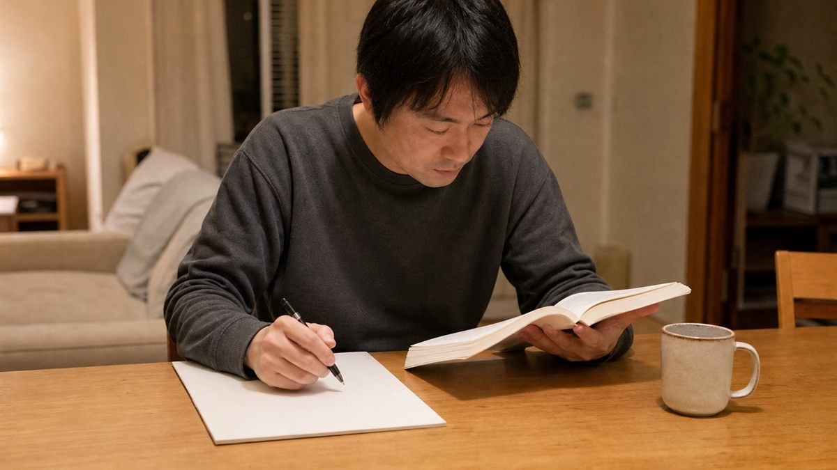教材を開いて学ぶ人の手元