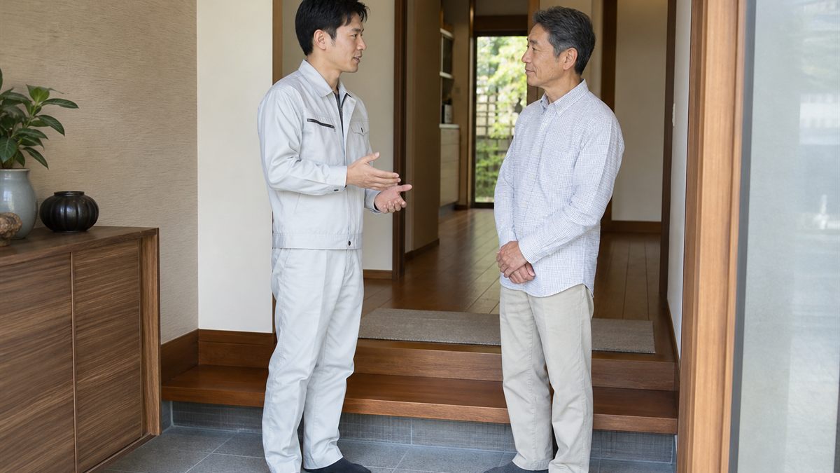 作業服の担当者が住まい手に説明する場面