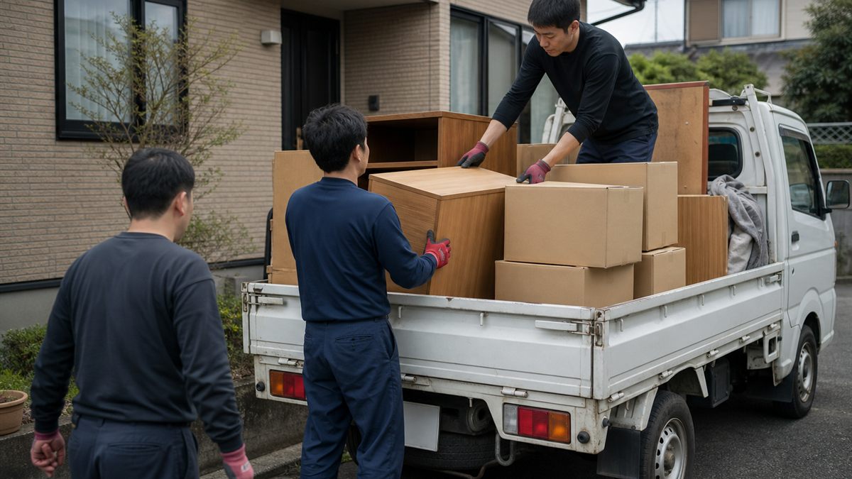 家財を軽トラックに積み込む作業