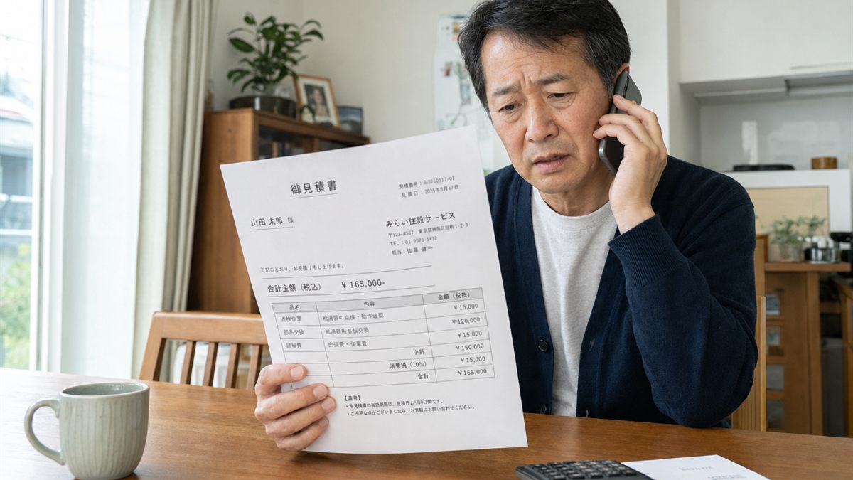 見積書を見ながら電話で相談する人