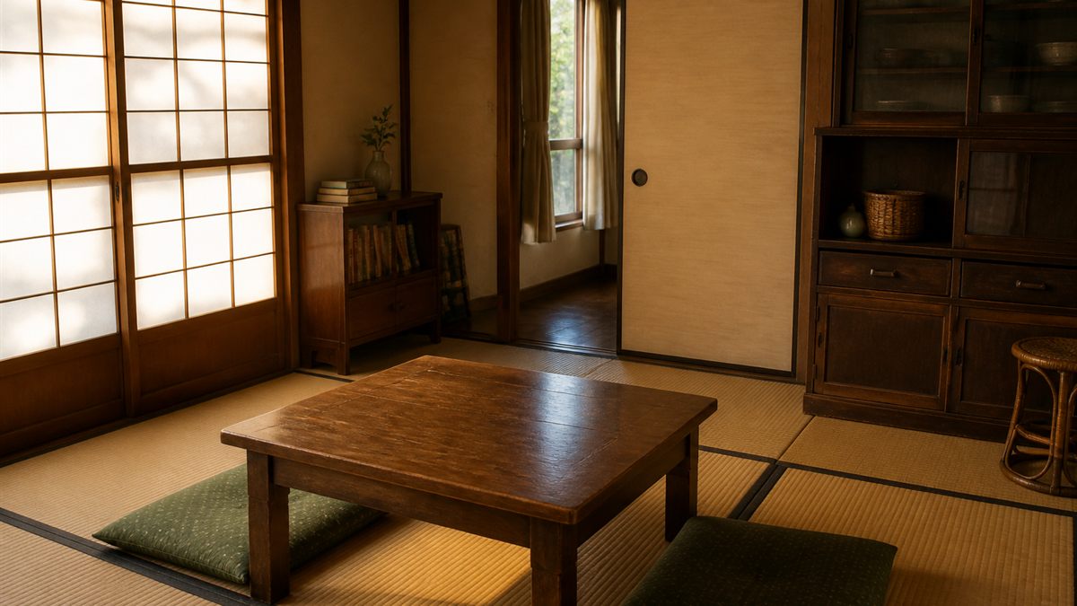 夕方の光が入る、片付け前の静かな実家の居間