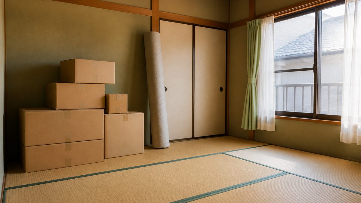 段ボールを積んで片付けが進む和室