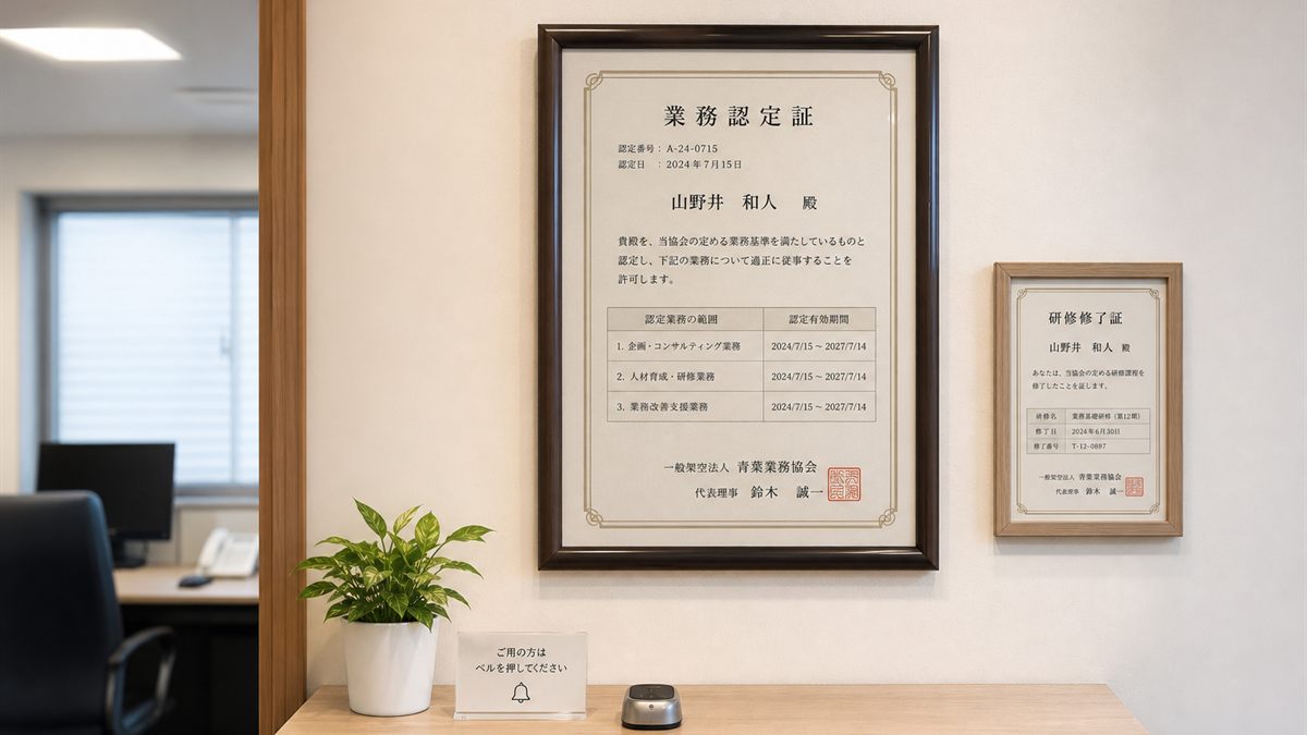 事務所の壁に掲示された許可証