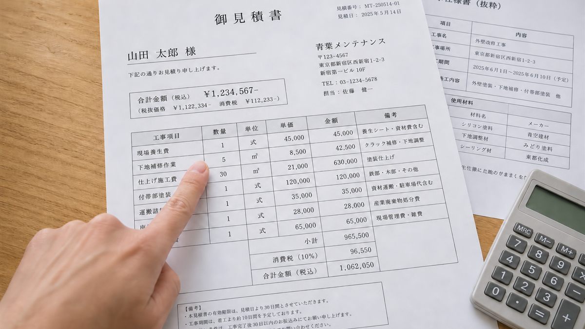 見積書の項目を指さして確認する手元