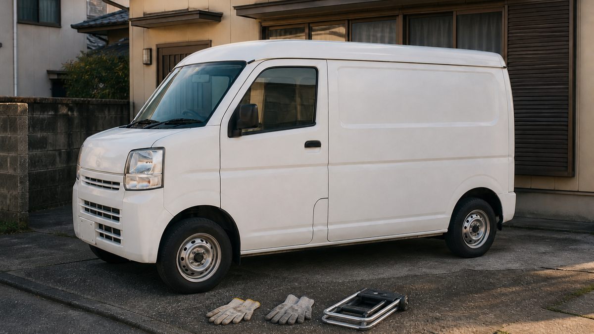住宅の前に停まった無地の作業車と台車