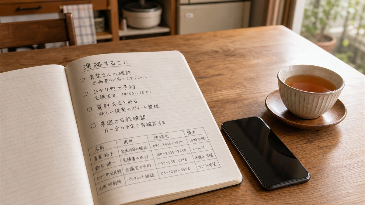 確認事項を書き出したノートと携帯電話