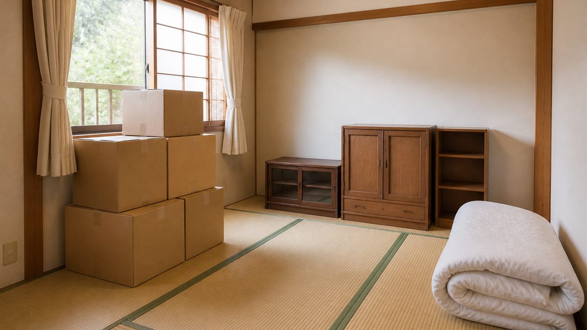 片付けの途中で段ボール箱が積まれた実家の和室