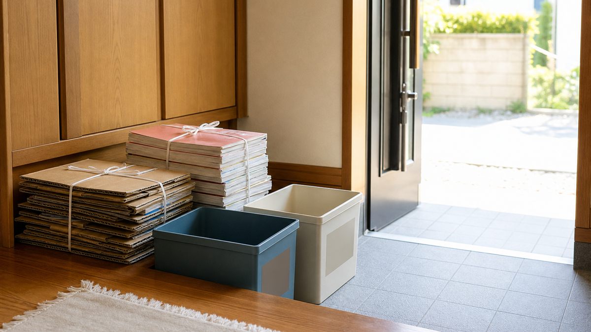 自分で分別してまとめた古紙と段ボール