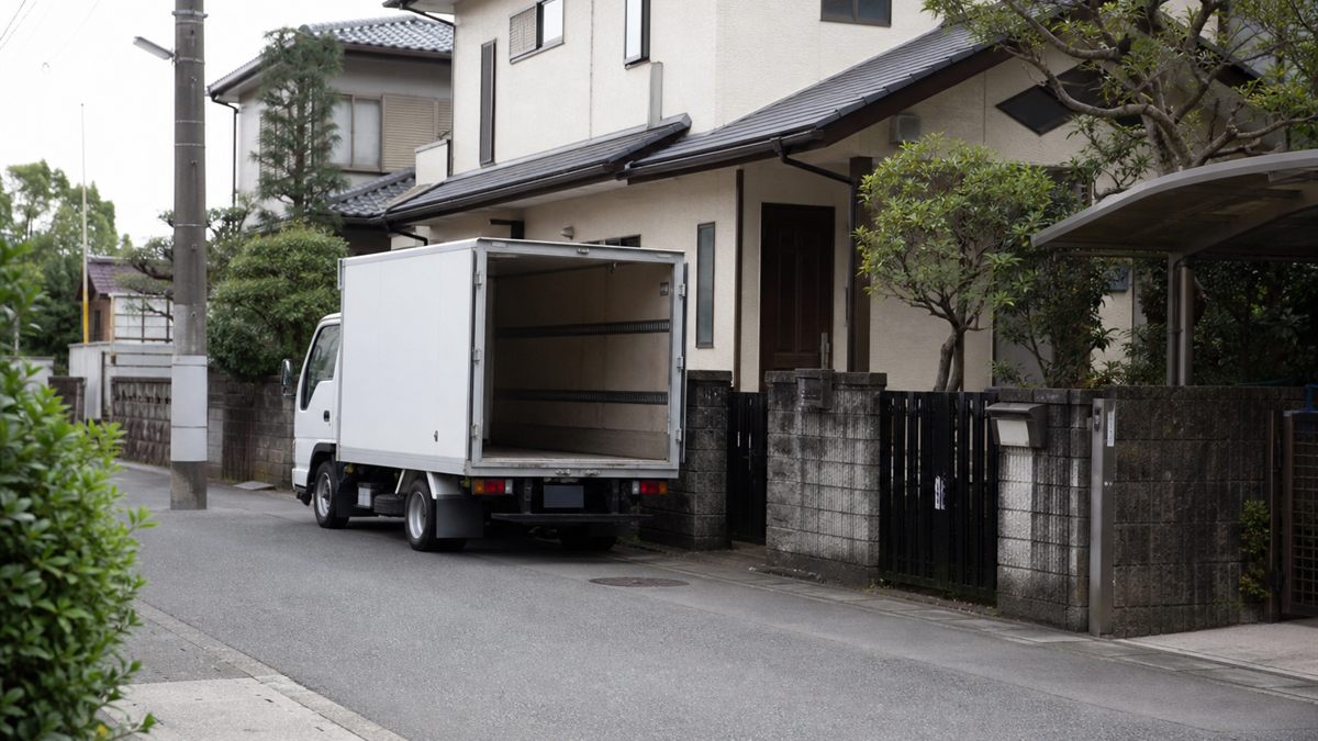 住宅街に停まった社名のない回収トラック