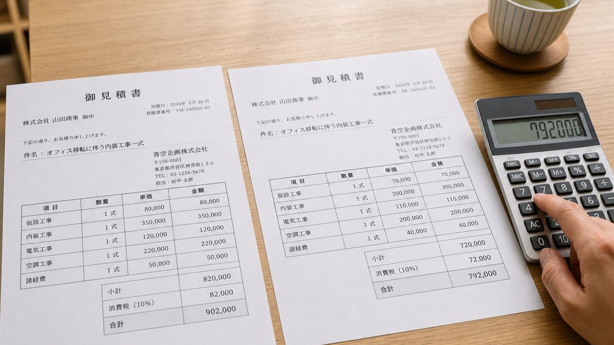見積書を並べて費用を計算する手元