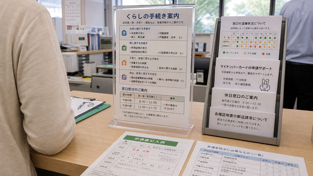 自治体の窓口カウンターとパンフレットの棚