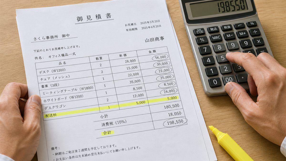 見積書を電卓で確認する手元