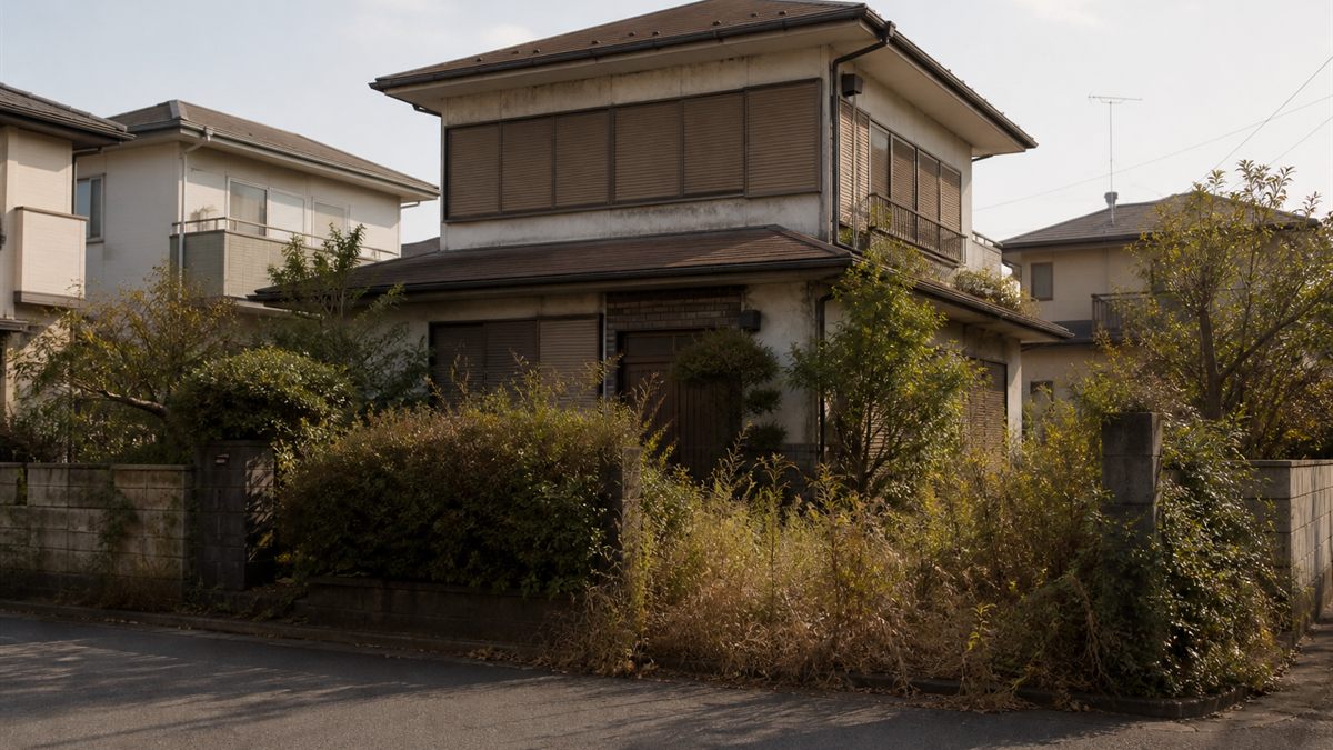雨戸を閉めたままの空き家と伸びた庭木