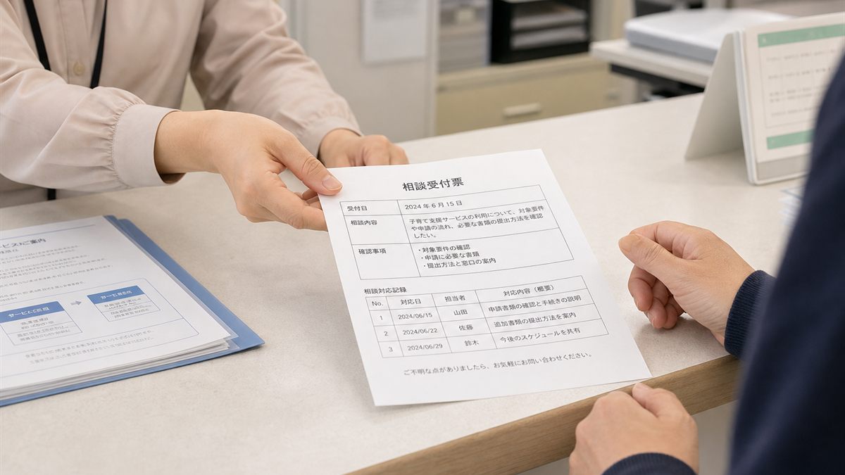 窓口で書類を差し出して相談する場面